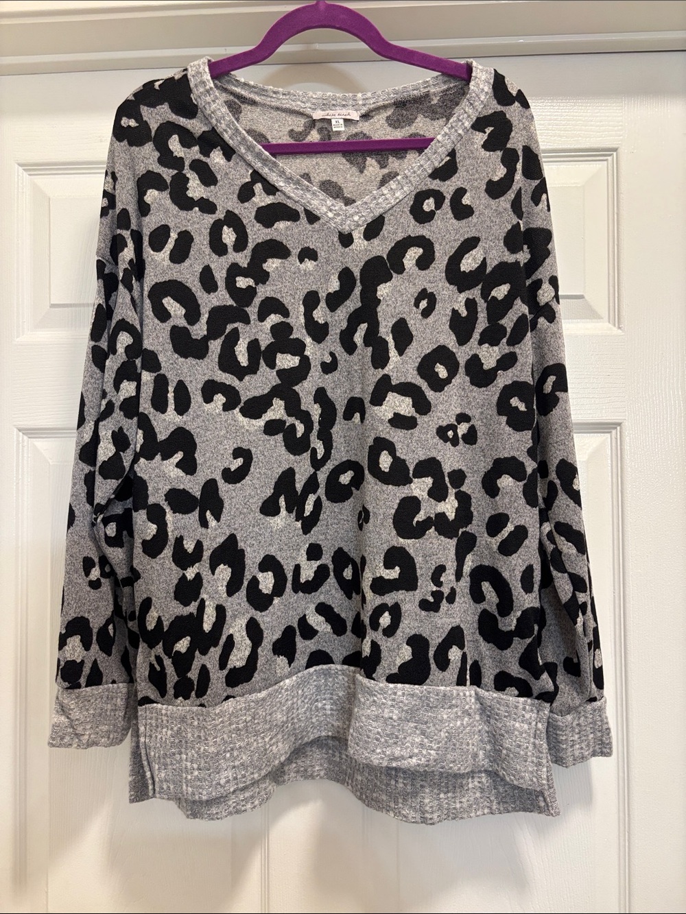 White Birch Gray Leopard  V-Neck Sweater